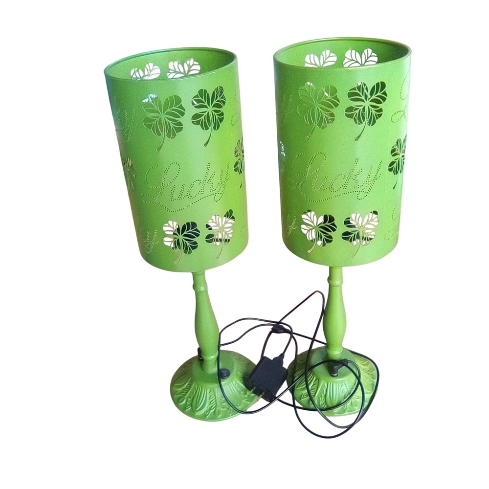 Green Lucky Shamrock Metal Table Lamps Pair St Patricks Day Decor Set of 2